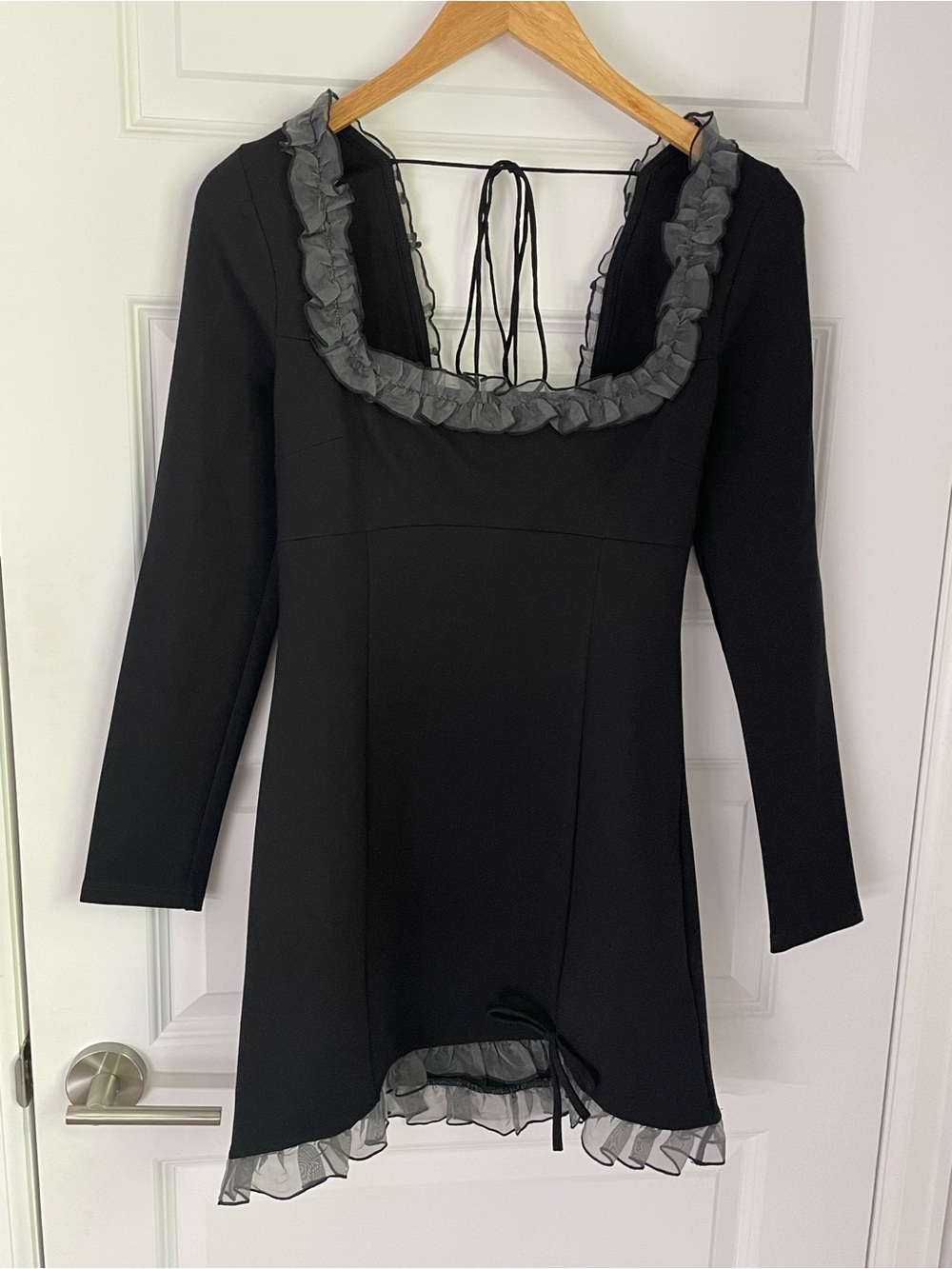 New Free People Lucette Sz 4 Mini Dress Black Lace Long Sleeve A-line Bow LBD